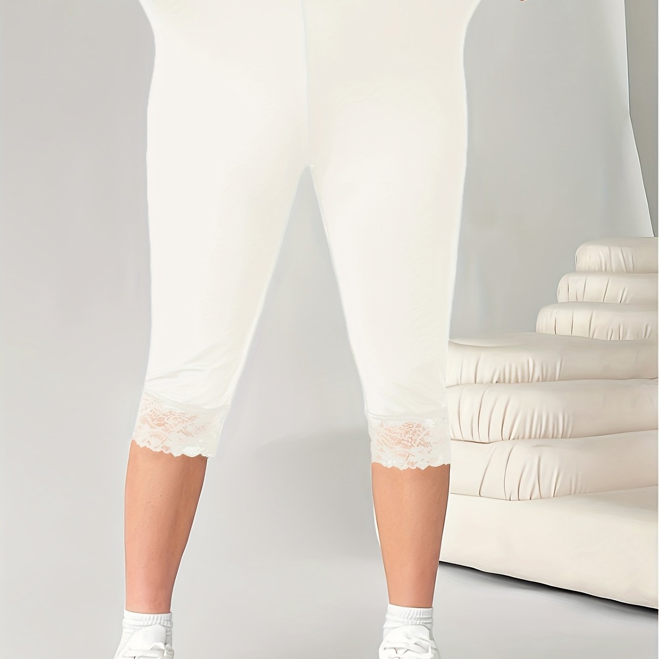 Women's Plus Size Black Capri Leggings with Lace Trim High Waist Stretchy