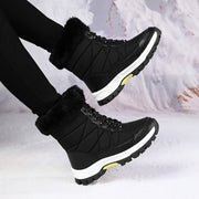 Women's Plush-Lined Winter Snow Boots Black Faux Fur Quilted Lace-Up
