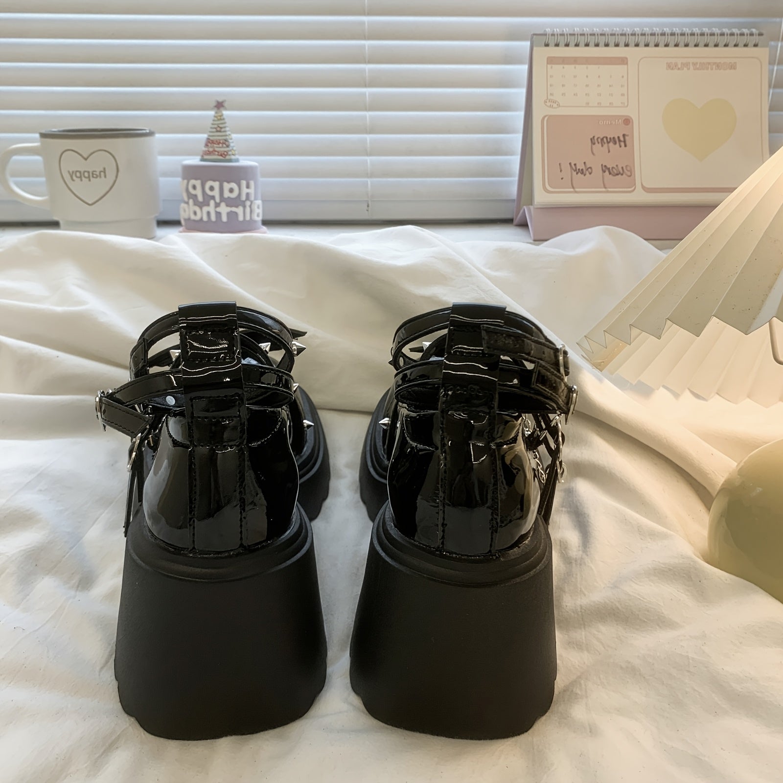 Women Synthetic Punk-Inspired Platform Mary Jane Loafers Black Chain Accents