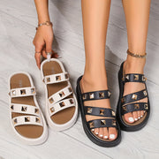 Women's Faux Leather Summer Slide Sandals Open Toe Flat Heel