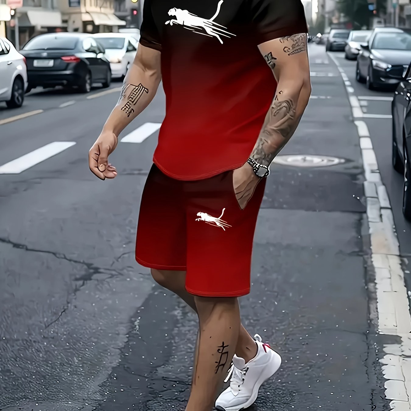 Men's Summer Casual Print Polyester Short Sleeve Sports Suit