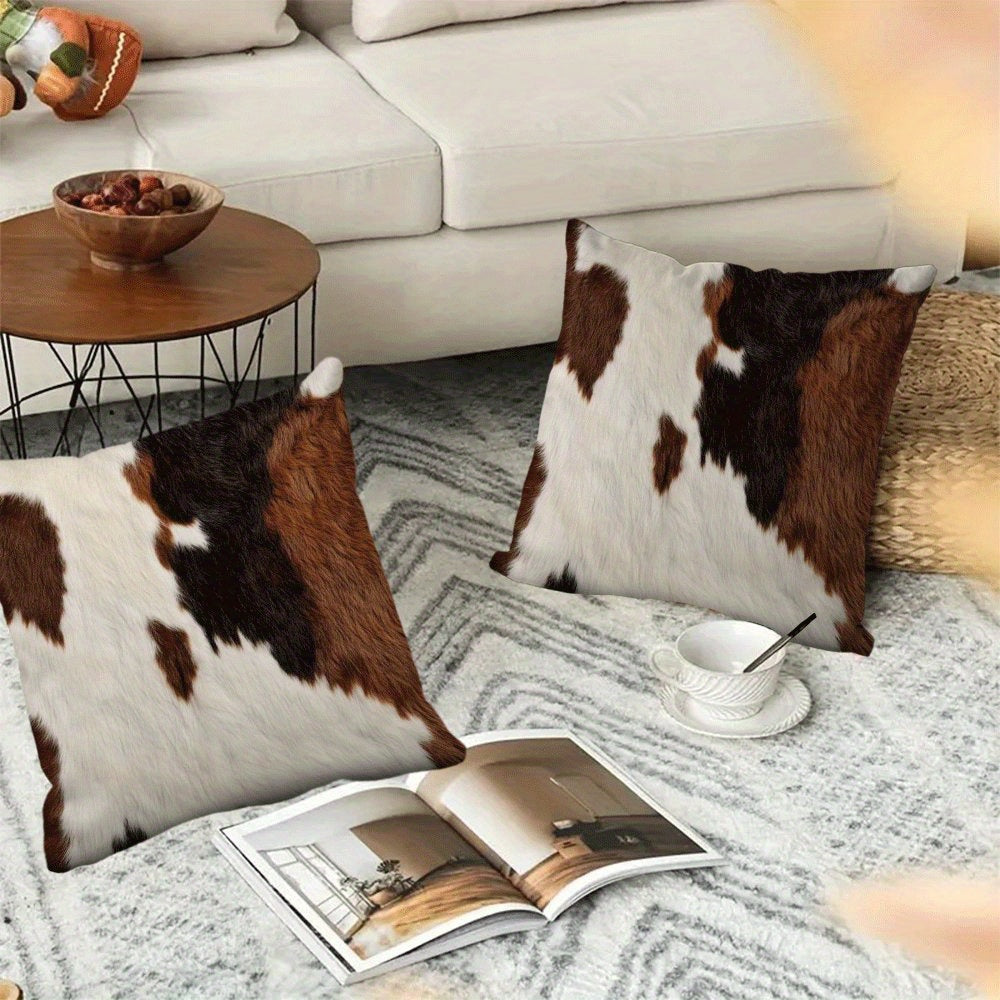 Set of 2 Farmhouse Cowhide Print Pillow Covers 45.72x45.72 cm Flannel Zipper Closure