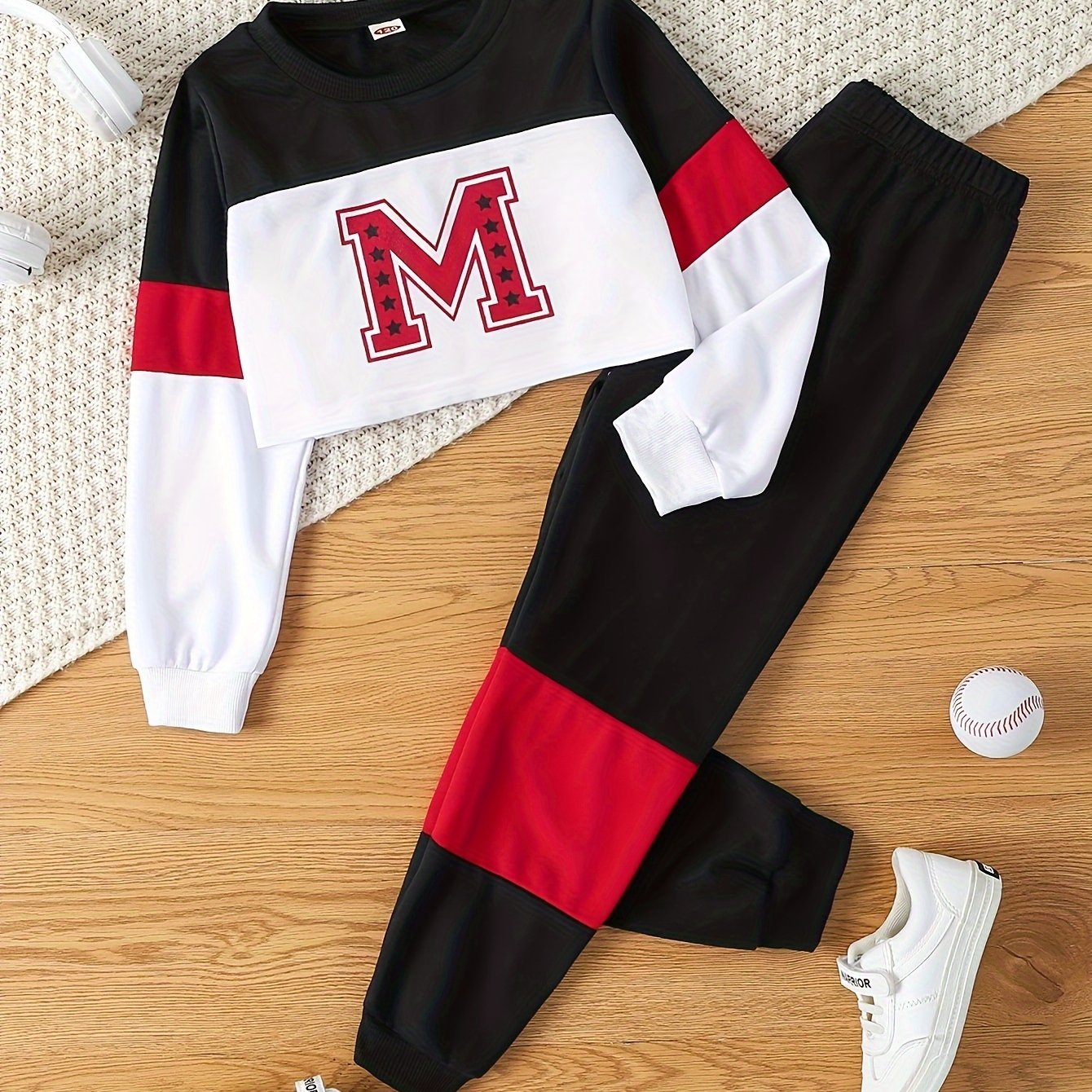 Kids' 2-Piece Spring and Autumn Letter Print Top and Stitching Trousers Set for Boys and Girls