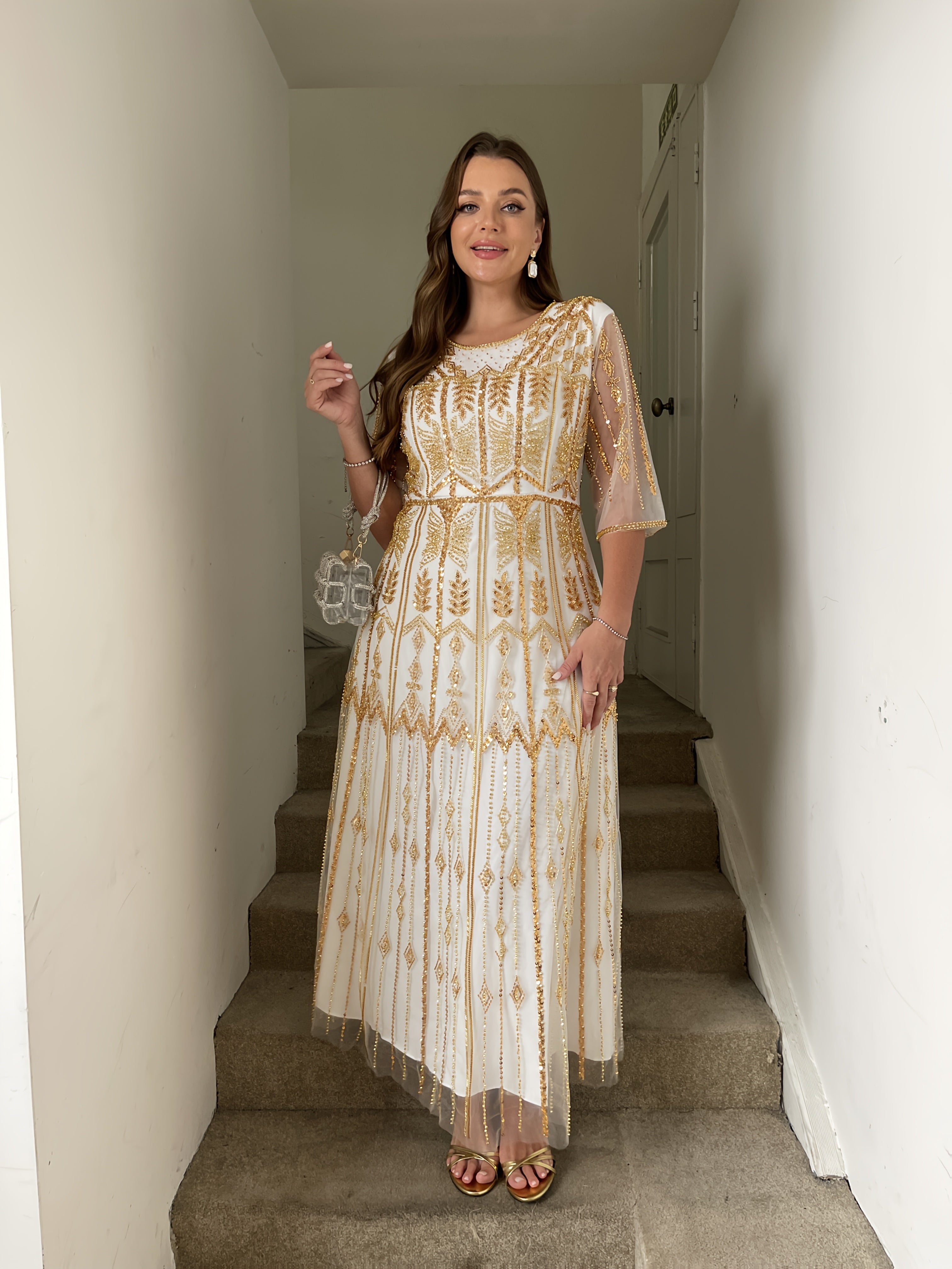 Women's Sequin Geometric Party Dress Slim Fit Top Flowy Skirt Evening Gown