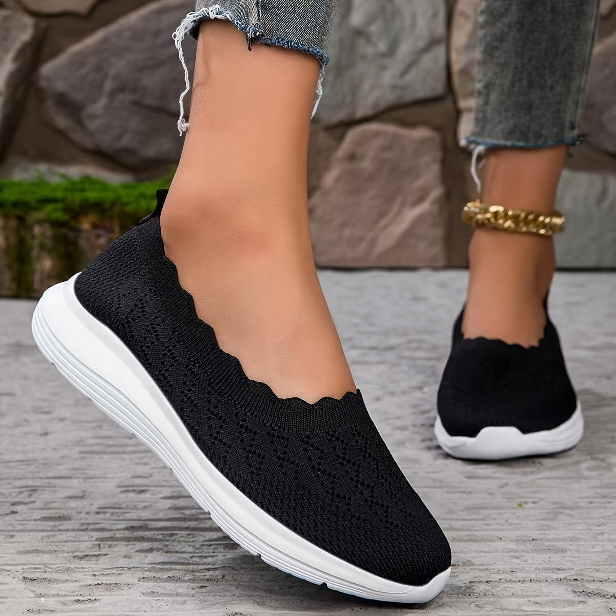 Women Breathable Knit Slip-On Casual Shoes Black White Comfortable Style