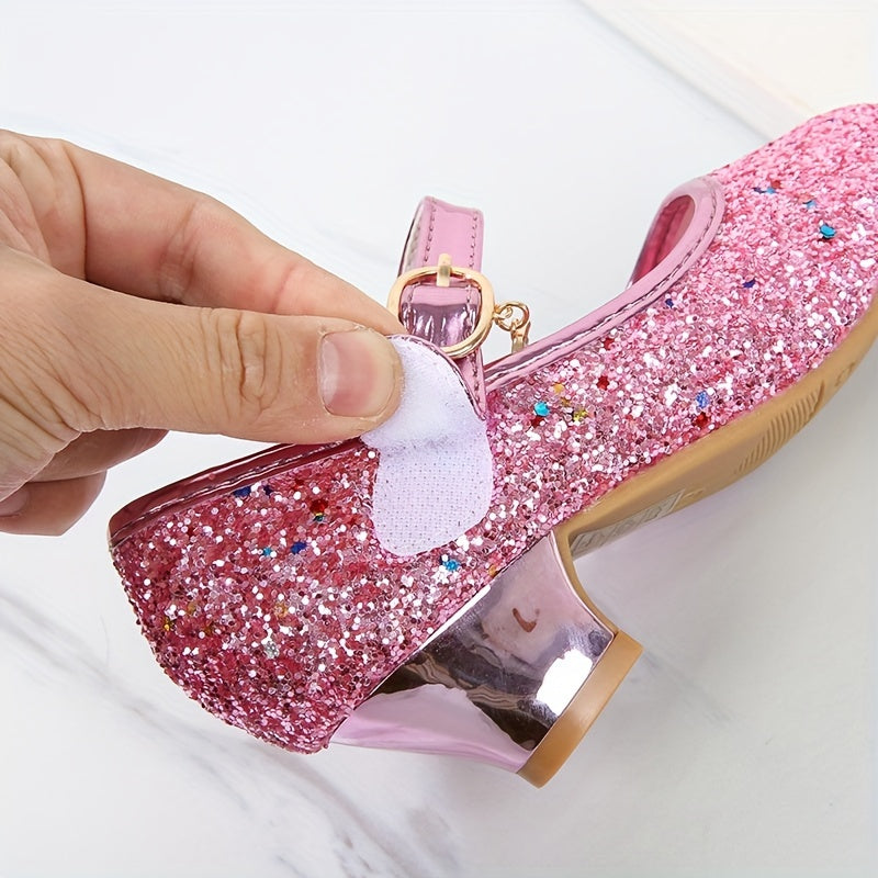 Girls' Crystal High-Heeled Shoes with Glitter and Sequins for Weddings and Parties
