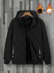 Men's Gray Quilted Hoodie Jacket with Zip Pockets Plus Size Fall Winter Polyester