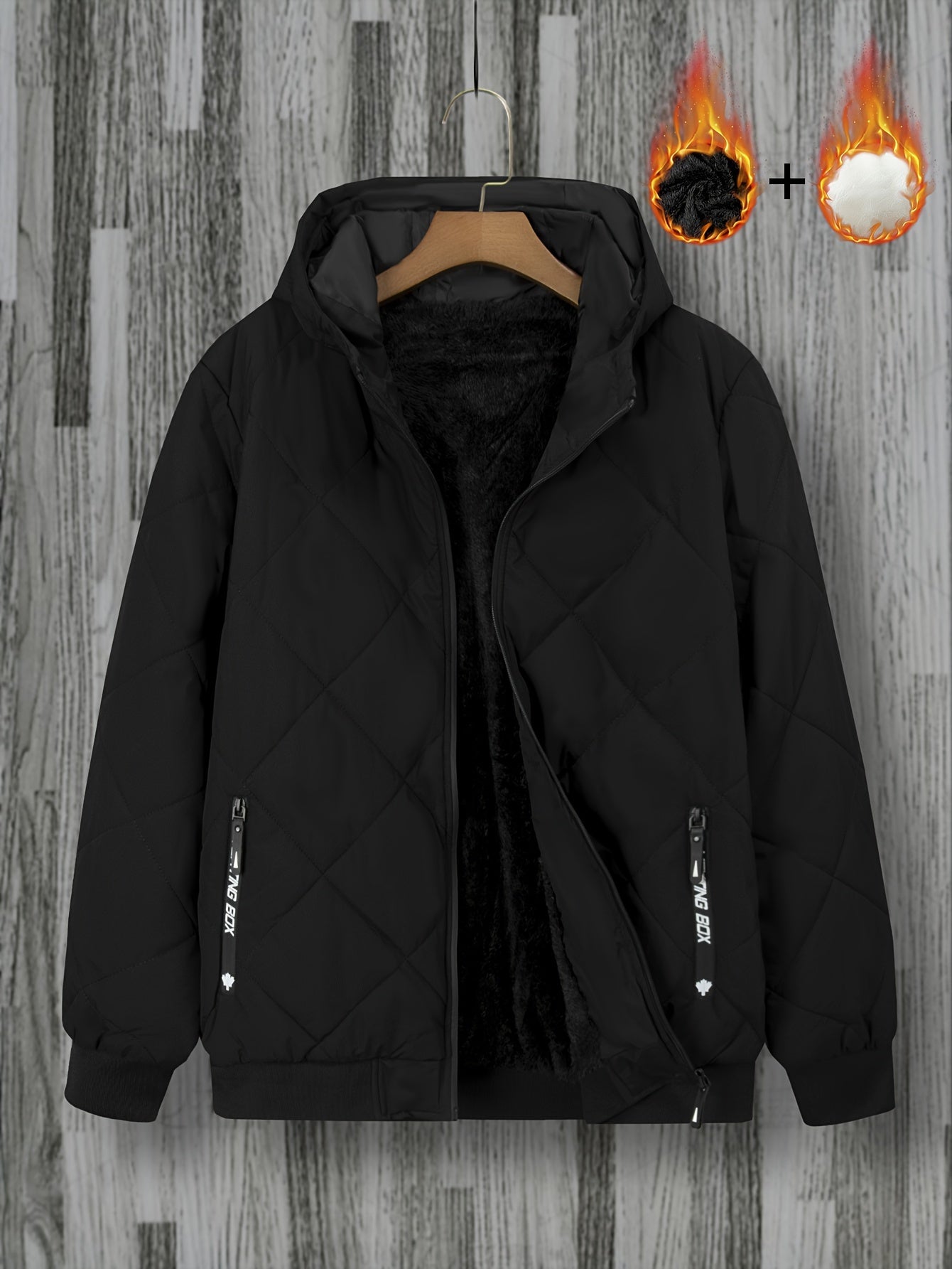 Men's Gray Quilted Hoodie Jacket with Zip Pockets Plus Size Fall Winter Polyester