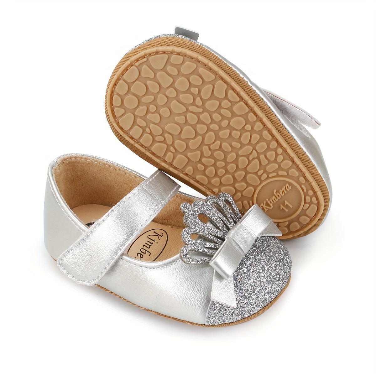 Baby Girl Sequin Crown Shoes with Flexible Rubber Sole and Hook-and-Loop Closure