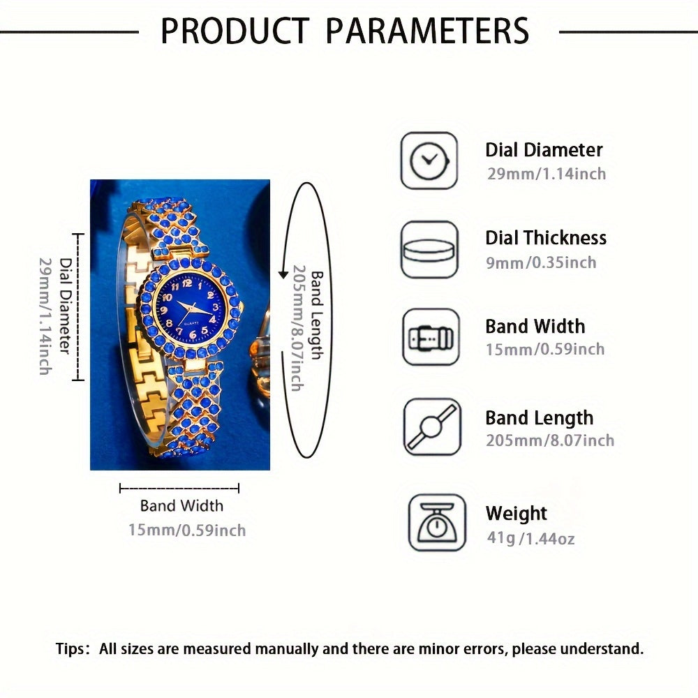 Klein Blue Quartz Watch and Synthetic Gem Jewelry Set for Women with Rhinestones