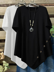 Plus Size Loose Fit Short Sleeve Casual T-Shirts with Button and Asym Hem