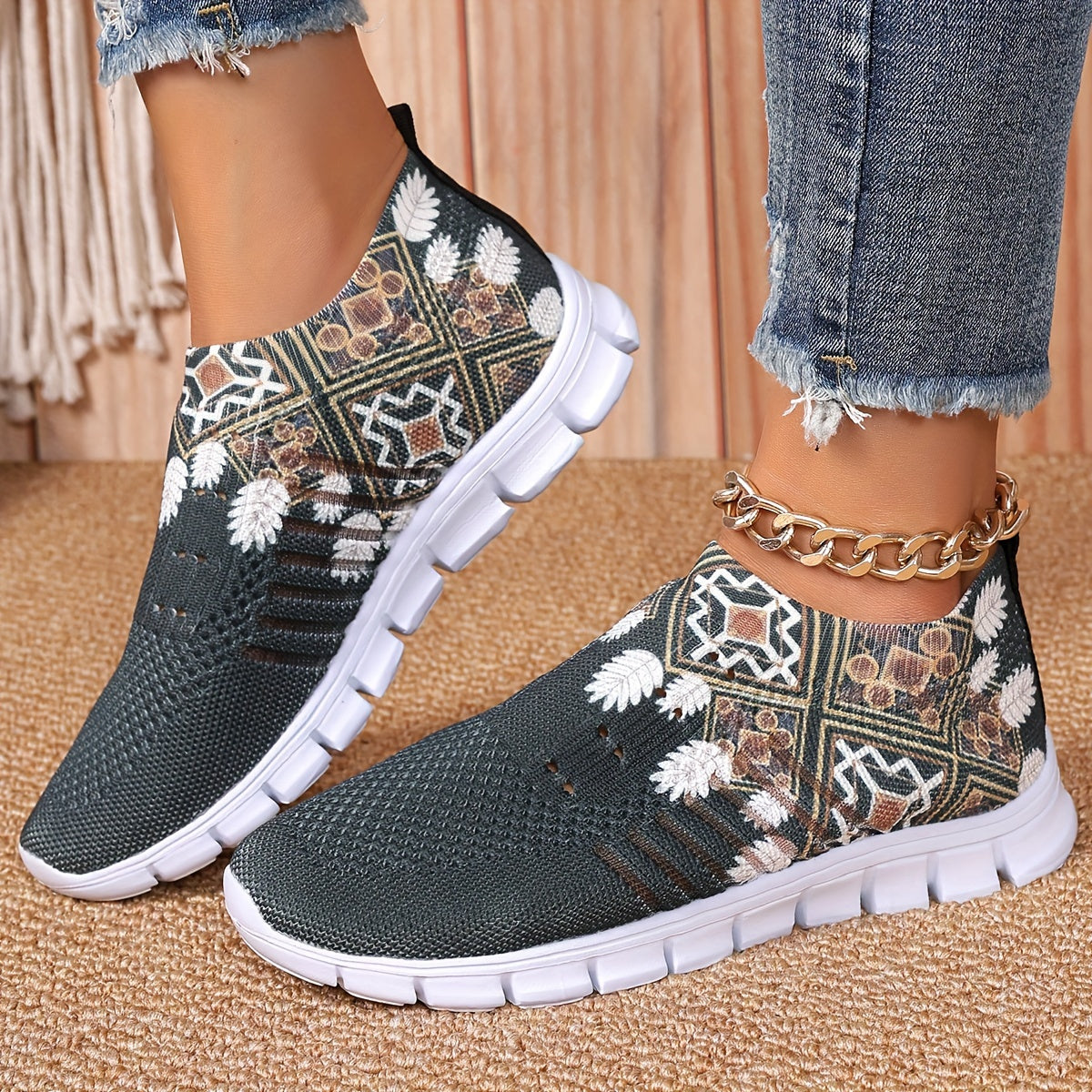 Women's Blue Knit Fabric Slip-On Sneakers with White Floral Patterns and EVA Sole
