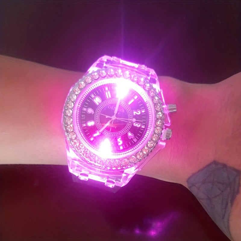 Reloj de esfera con borde completo de rhinestones luminosos para niños y niñas, silicona, cuarzo, regalo escolar