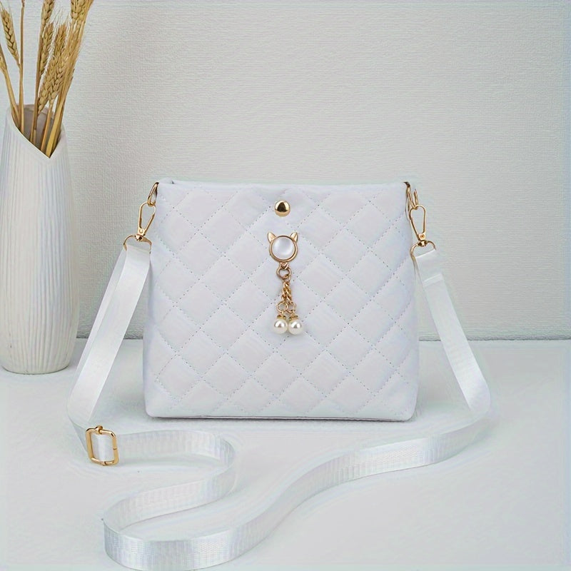 Quilted Crossbody Bag with Adjustable Strap Faux Pearl Embellishment Chevron Pattern in Khaki White Pink Black