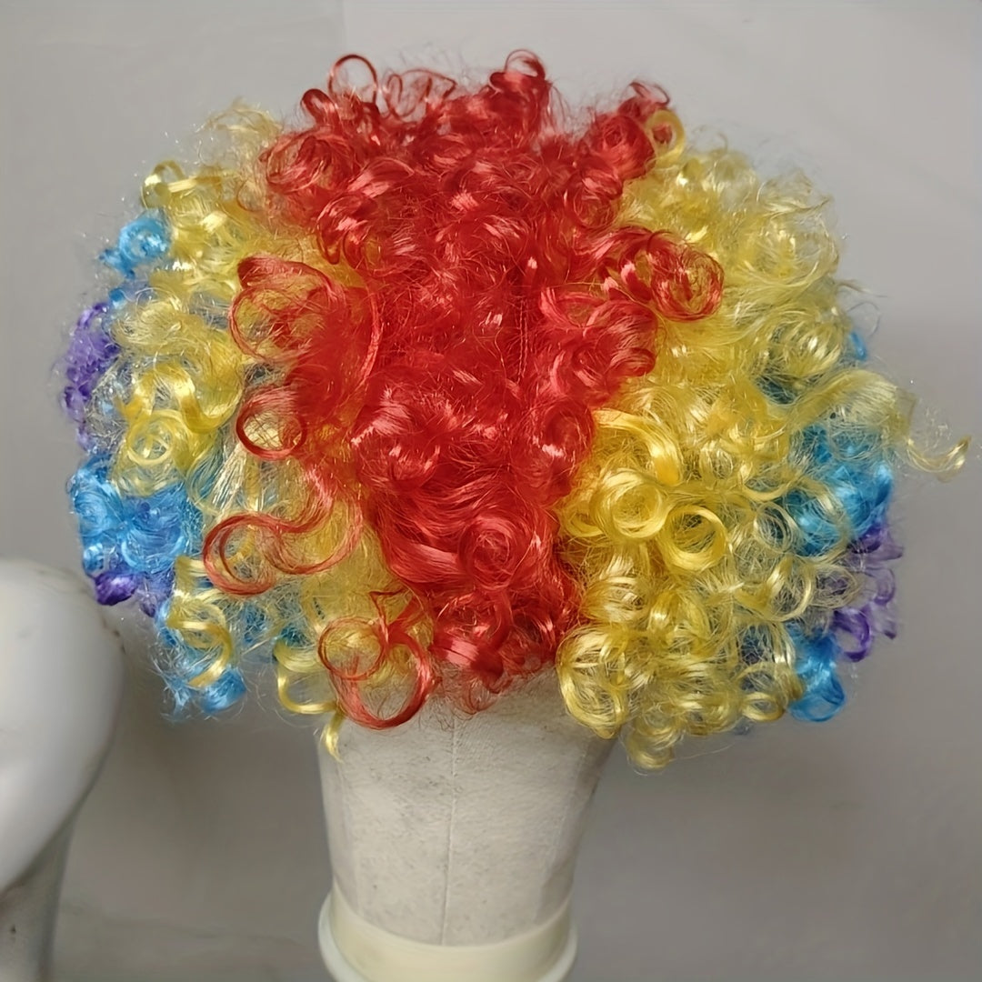 Многоцветная афро-клоунская парик из полиэстера, идеально подходит для игривых выступлений и костюмов с кудрявым, взрывным акцентом в виде фана. Идеальный реквизит для добавления изюминки в ваш ансамбль.