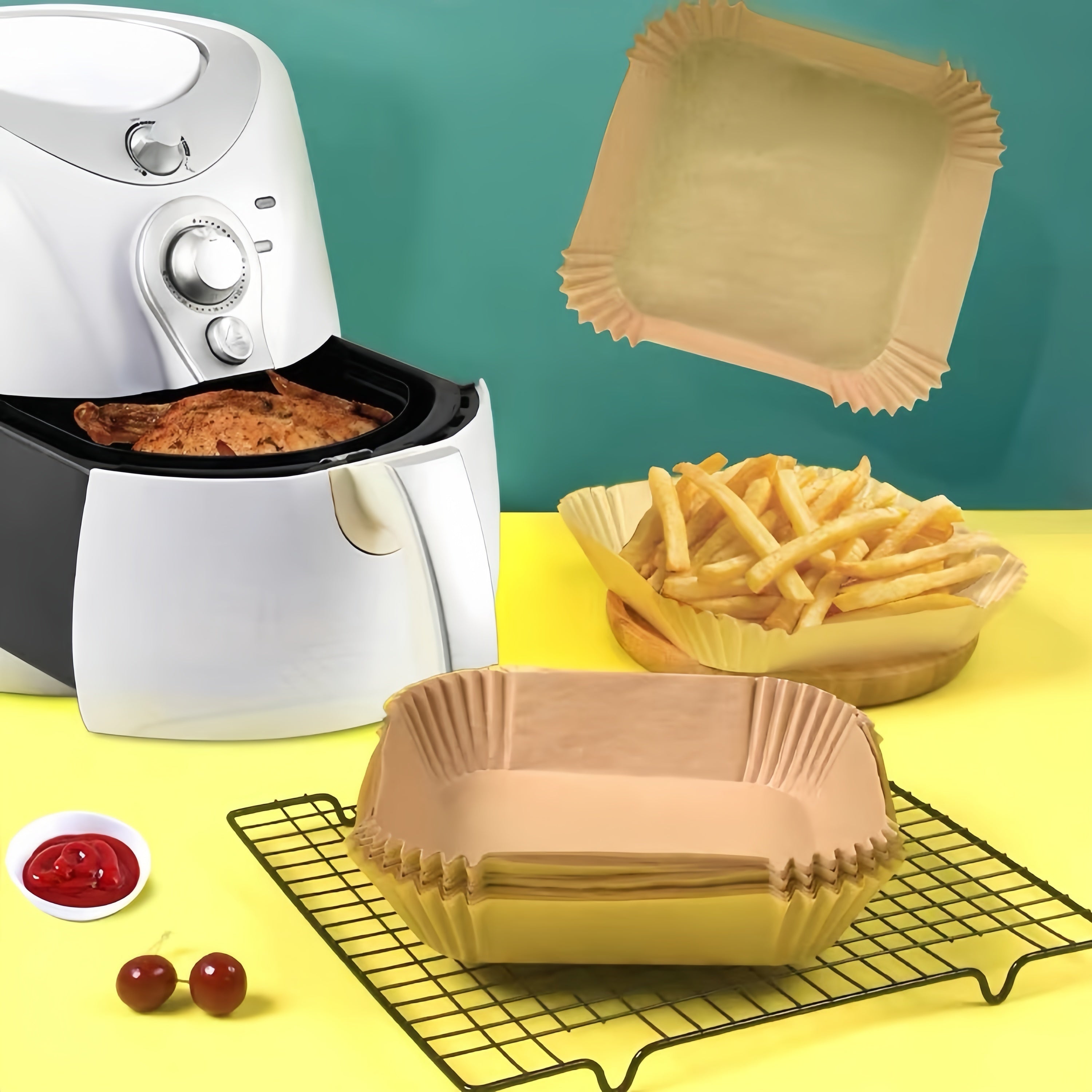 100 квадратных пергаментных листов, разработанных специально для фритюрниц размером 22,86 см, идеально подходят для фритюрниц объемом от 5 до 8 кварт. Эти листы имеют антипригарное и водонепроницаемое покрытие.