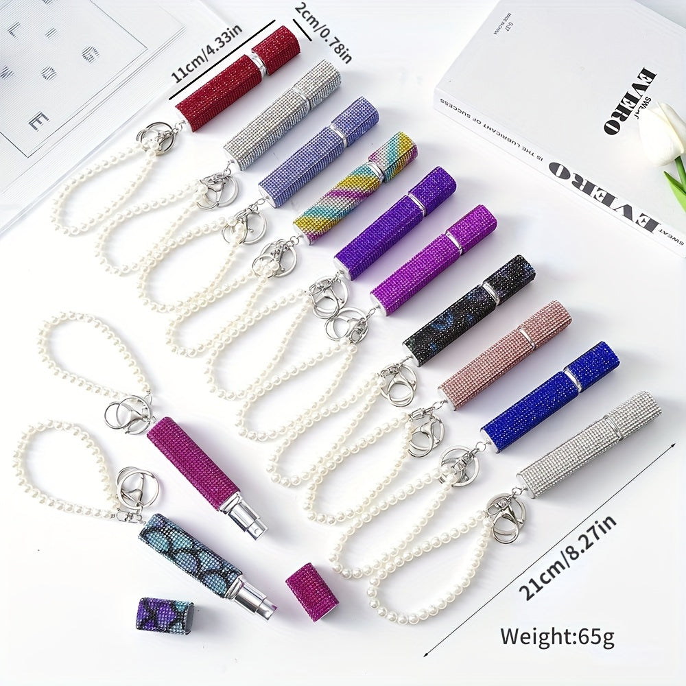 Llavero atomizador de perfume de 10ml con piedras de imitación y perlas falsas, recargable, bomba de aroma de viaje para mujeres