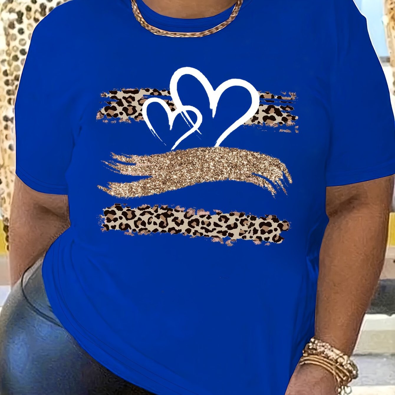 Plus Size Heart Print T-Shirt Women's Casual Short Sleeve Top