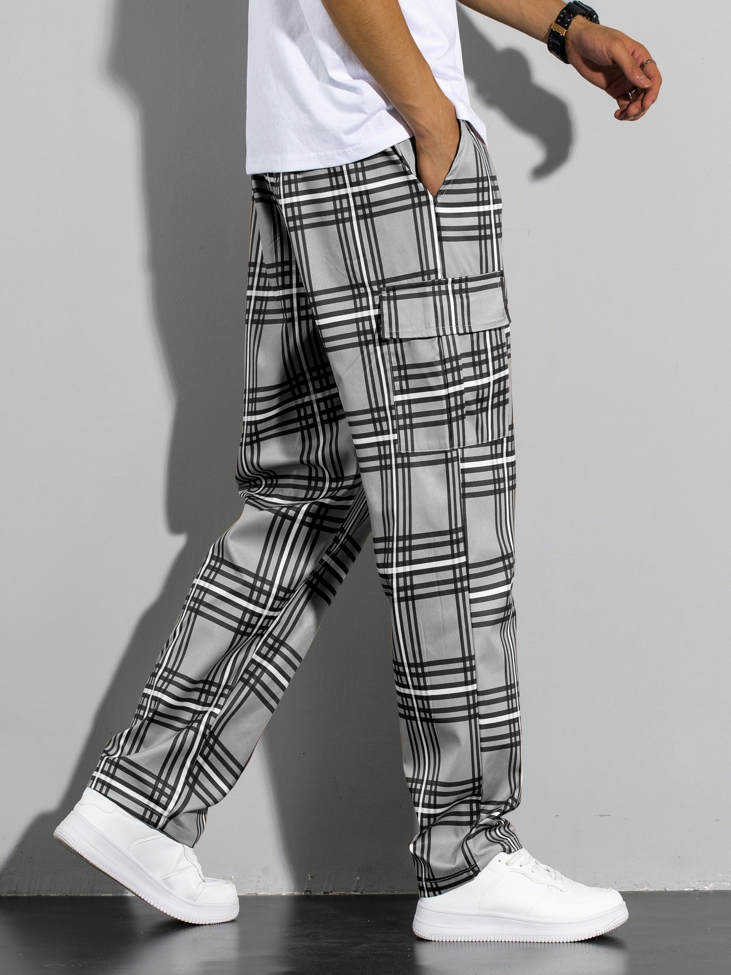 Adult Plaid Cargo Pants with Multiple Pockets and Slight Stretch Fabric