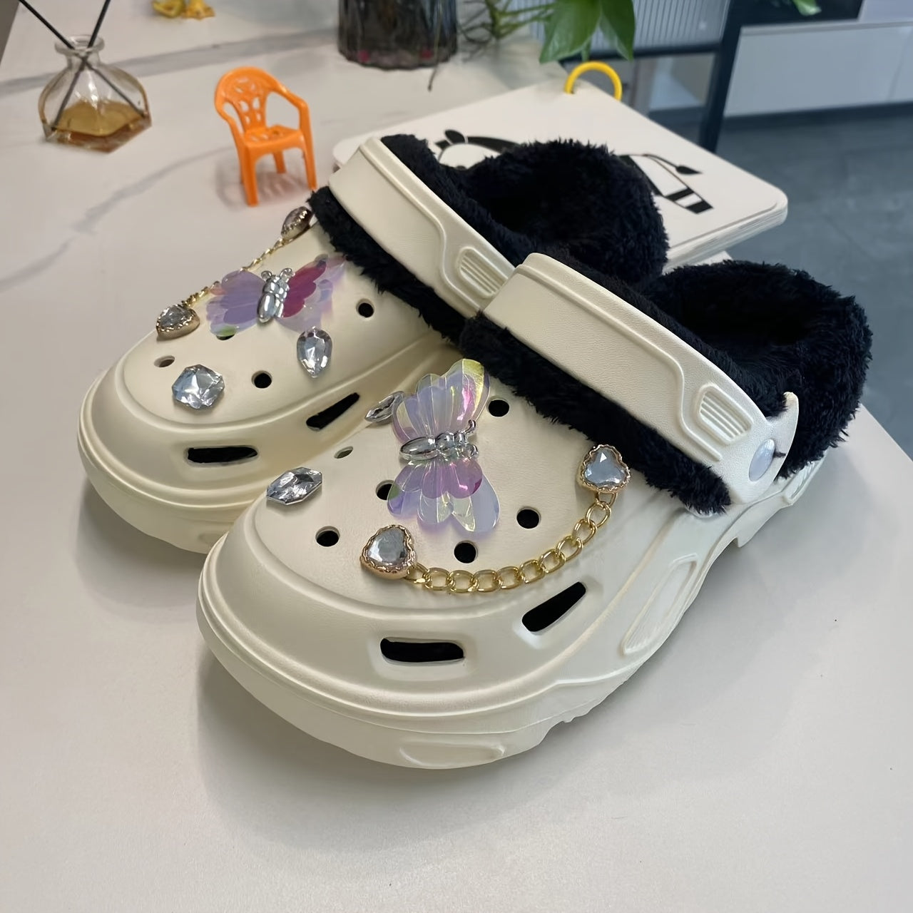 Women's Warm Plush Lined Shoes with Butterfly Heels and Bear Accessories