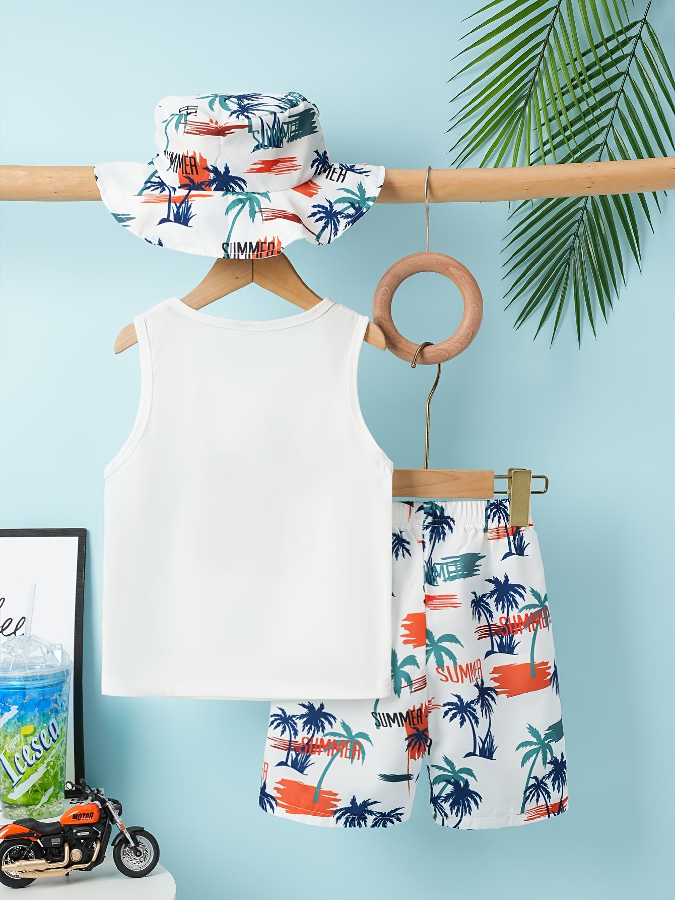 Boys' 3-Piece Tropical Leaf Print Tank Top and Shorts Set Breathable Knit Fabric