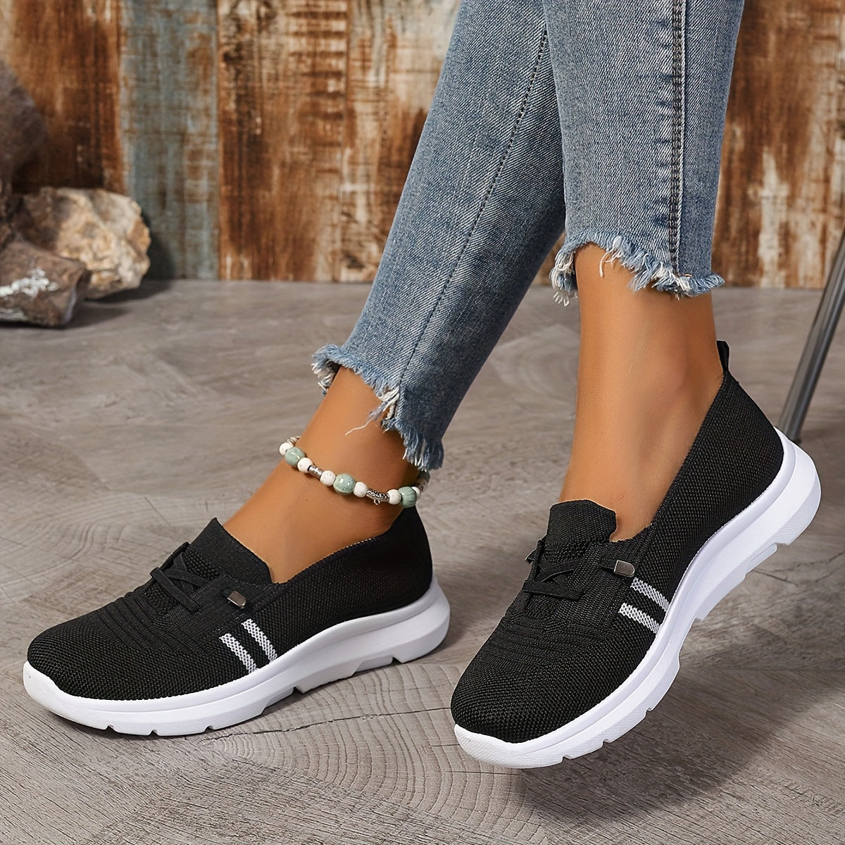 Ladies Breathable Casual Slip-On Sneakers Low Top Fabric Stripes