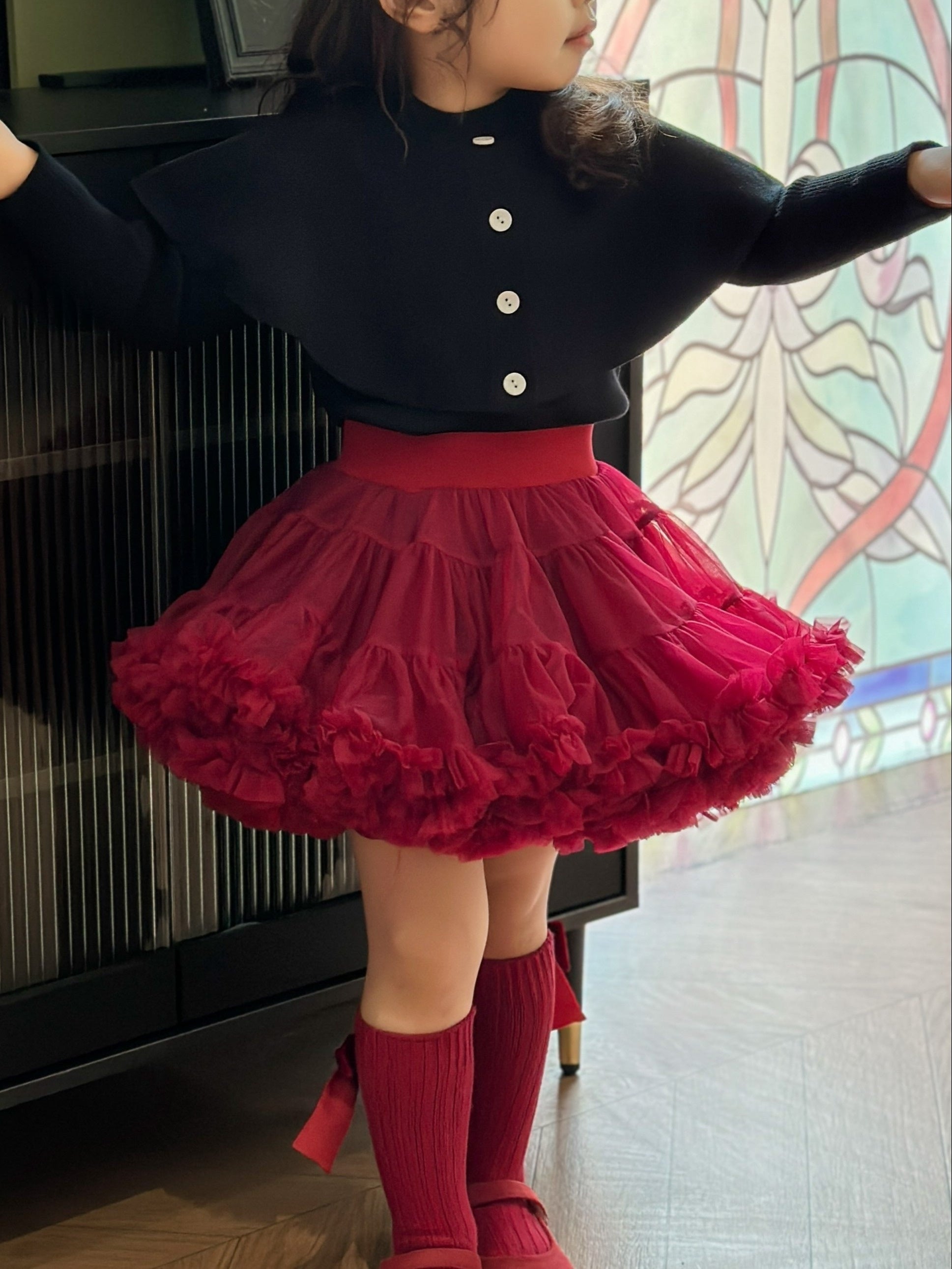 Girls' Princess Skirt in Wine Red Baroque Style with Tulle Overlay for All Seasons