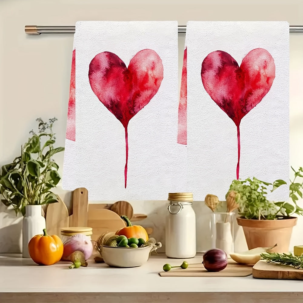 Set of 2 Soft Kitchen Towels with Heart Design, 40x60cm, Absorbent, Machine Washable