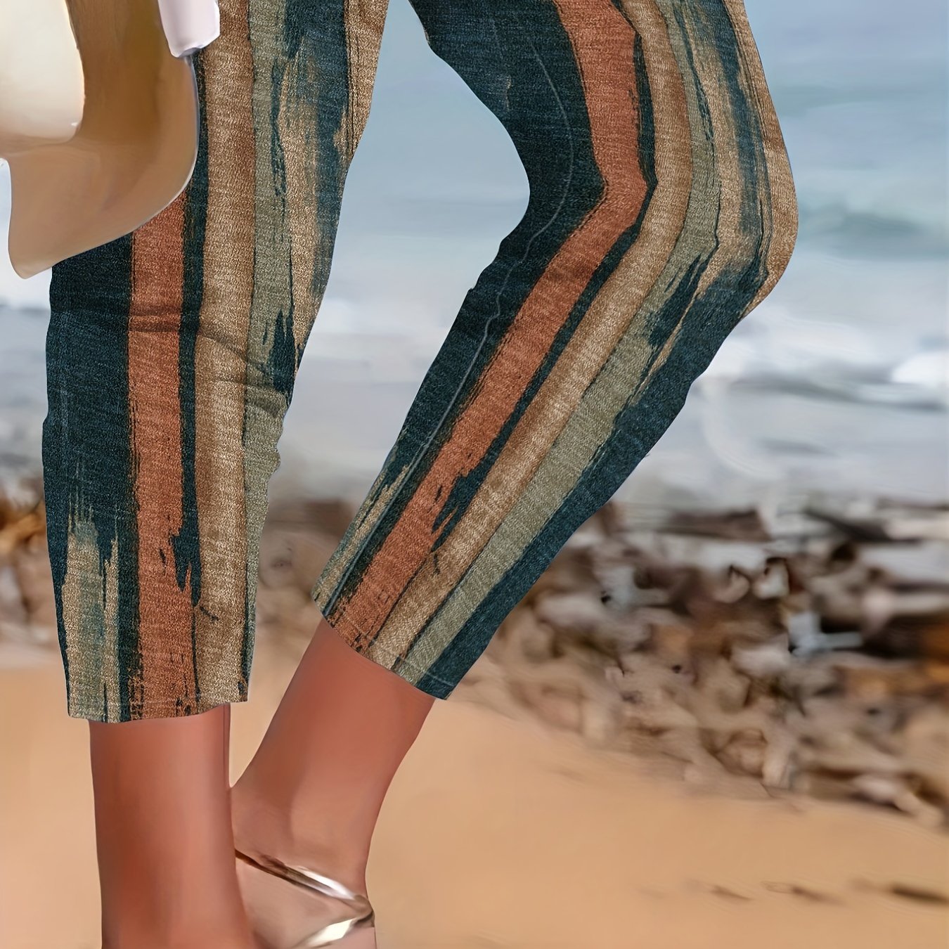 Ayollar uchun plussiz o'lchamdagi tasma bosma elastik yuqori bel, o'rtacha cho'ziladigan tor kesimli shimlar, tasodifiy kiyimlar uchun.