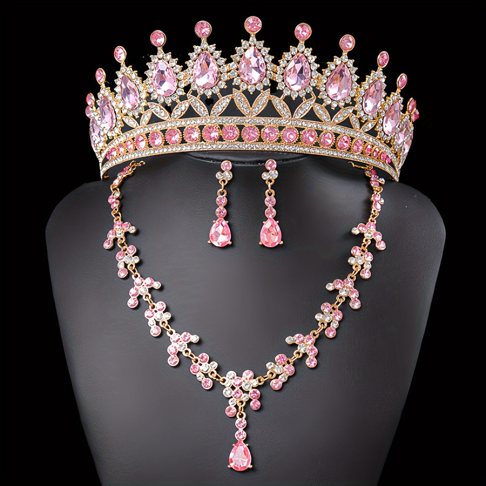 Elegant Rhinestone Queen Tiara and Jewelry Set with Necklace and Earrings for Weddings and Events