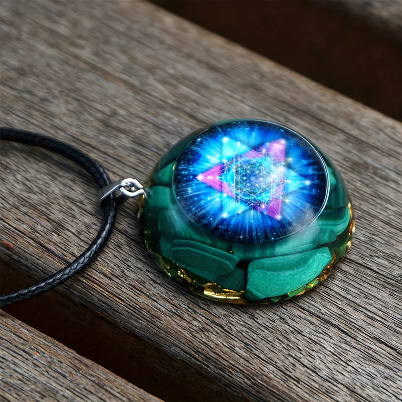 Orgonite Pendant Necklace with Malachite Chakra Energy and Sri Yantra Sacred Geometry for Healing Jewelry