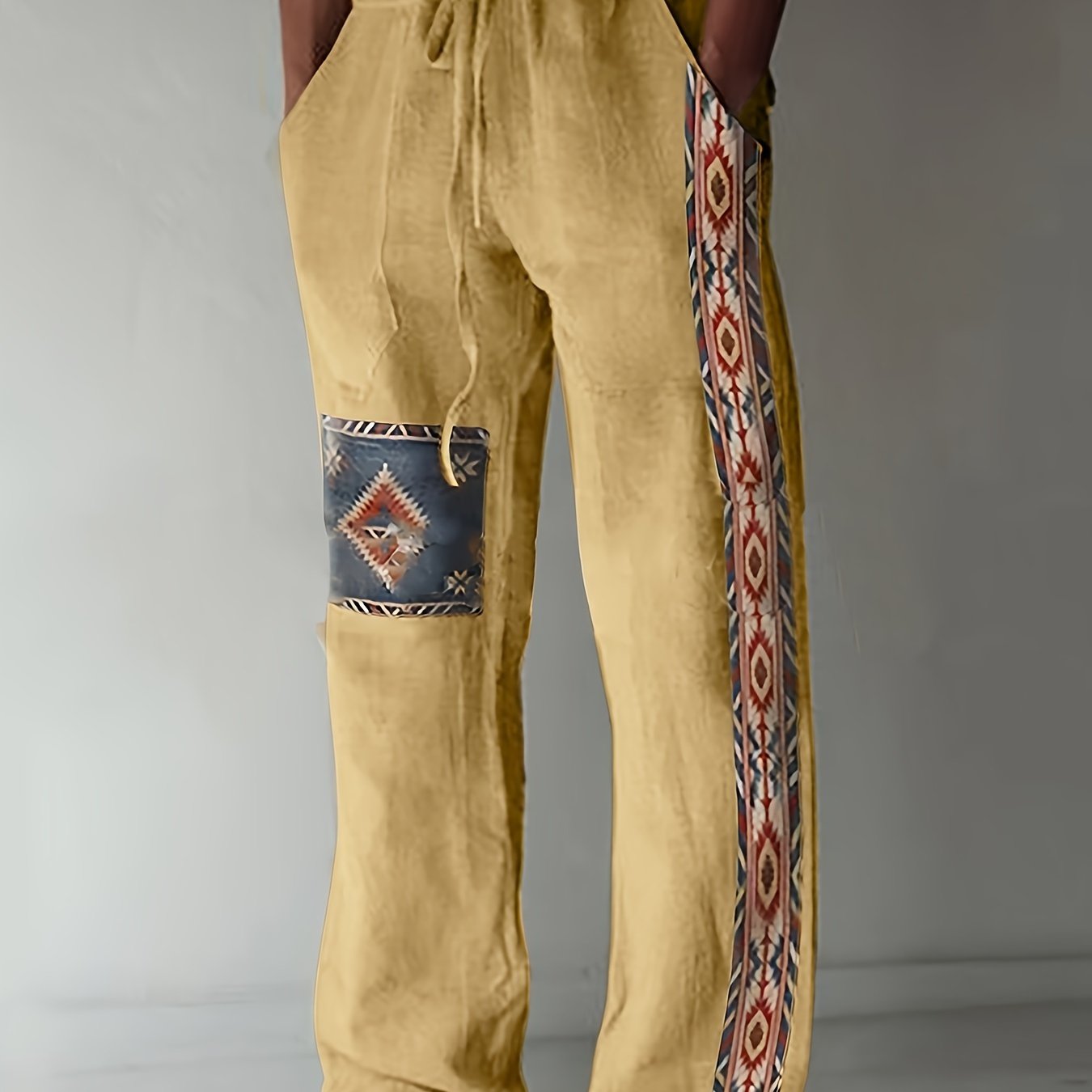 Men's Ethnic Casual Pants Cotton Polyester Geometric Pattern Drawstring Waist Regular Fit Spring Fall