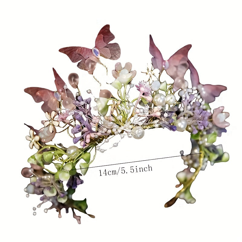 Аксессуары для волос для женщин с цветочной повязкой на голову, украшенной бабочкой, вставками из искусственного жемчуга и дизайном венка.