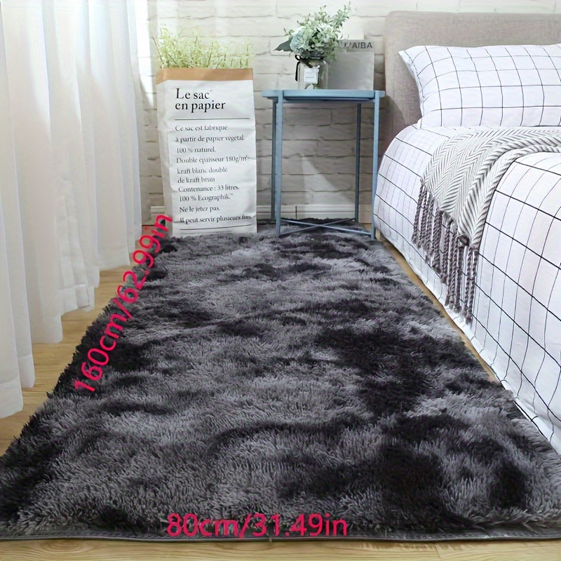 Alfombra de tie-dye gris claro con pelo alto, respaldo antideslizante, lavable a máquina