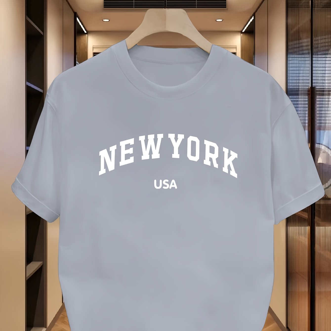 Camiseta de manga corta casual de verano para hombre con estampado de Nueva York, EE. UU., poliéster, elastano, ligero estiramiento, corte regular