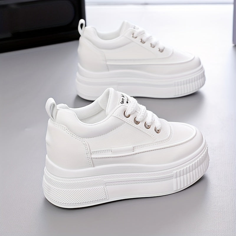 Women's White Platform Skate Shoes, Lace-Up Low Tops, Casual Sneakers