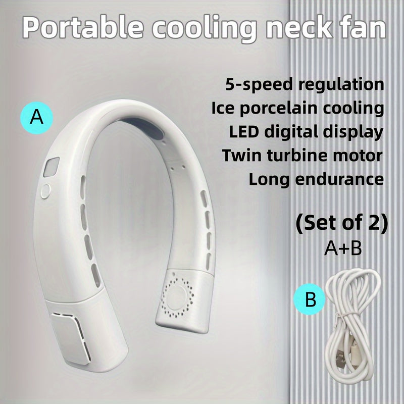 Portable Neck Fan with Ice Porcelain, 5-Speed LED, USB-C Charging