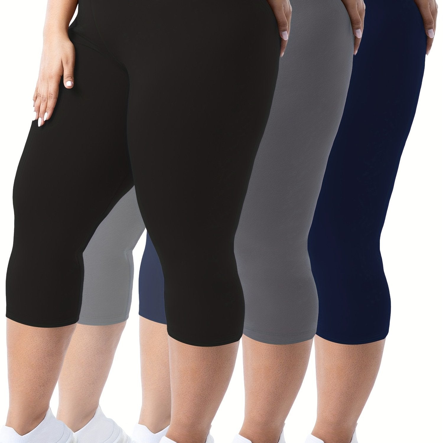 Plus Size Women's High-Waist Capri Leggings Solid Color Stretchy Casual
