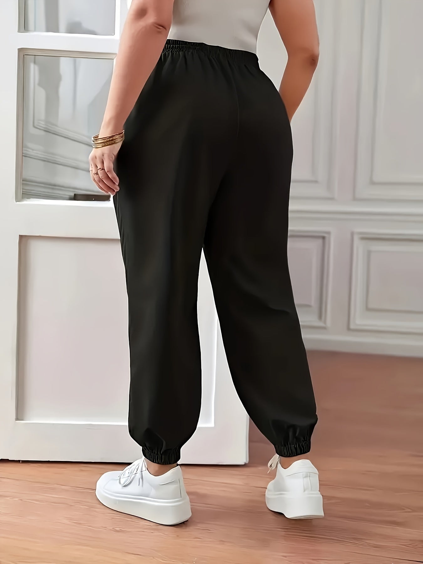 Plus Size Women Joggers Solid Color Drawstring Casual Pants Elastic Waist