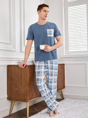 Men's Blue Short Sleeve Pajama Set with Pocket Plaid Pattern All-Season Polyester Regular Fit