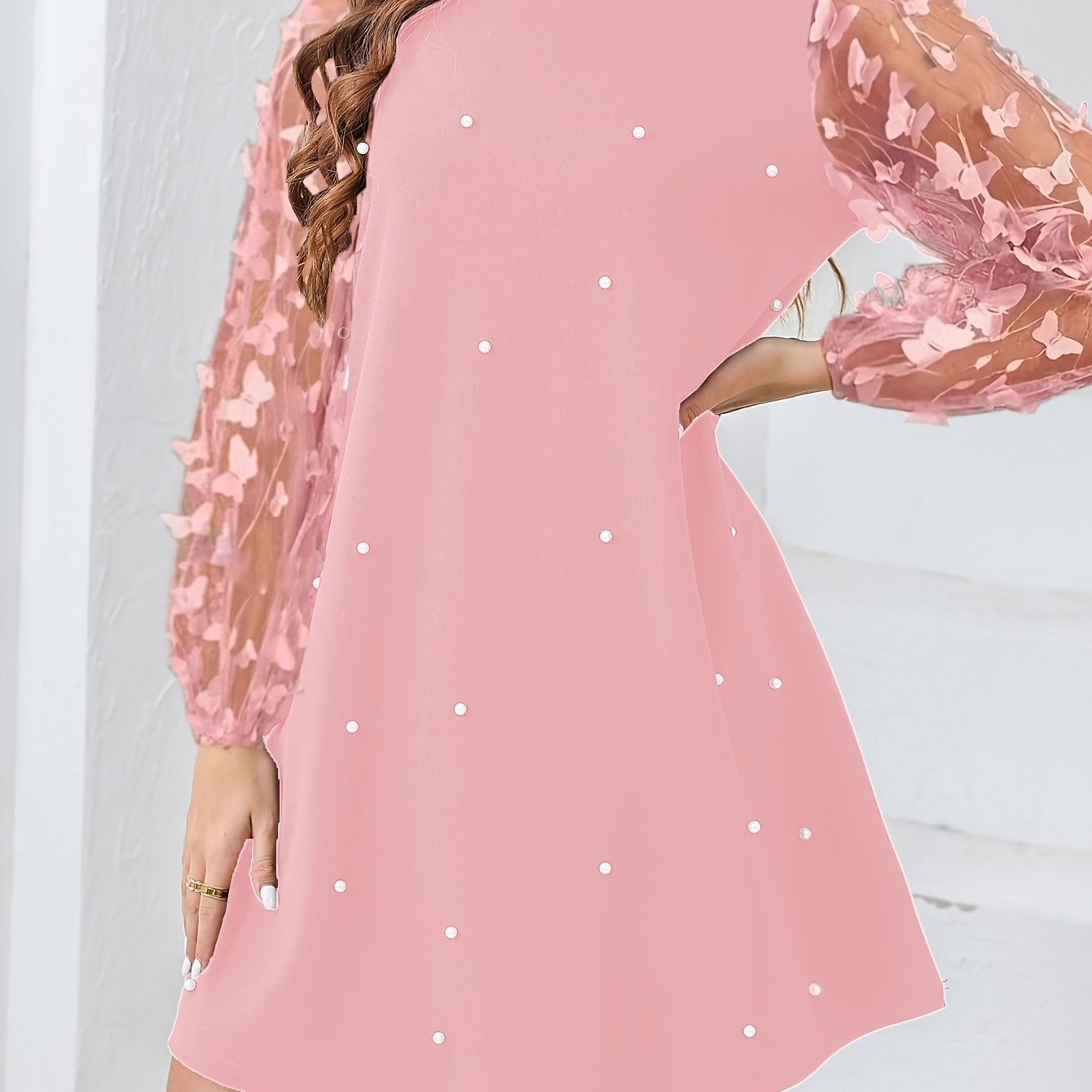 Women's Plus Size Mesh Patchwork Faux Pearl Dress