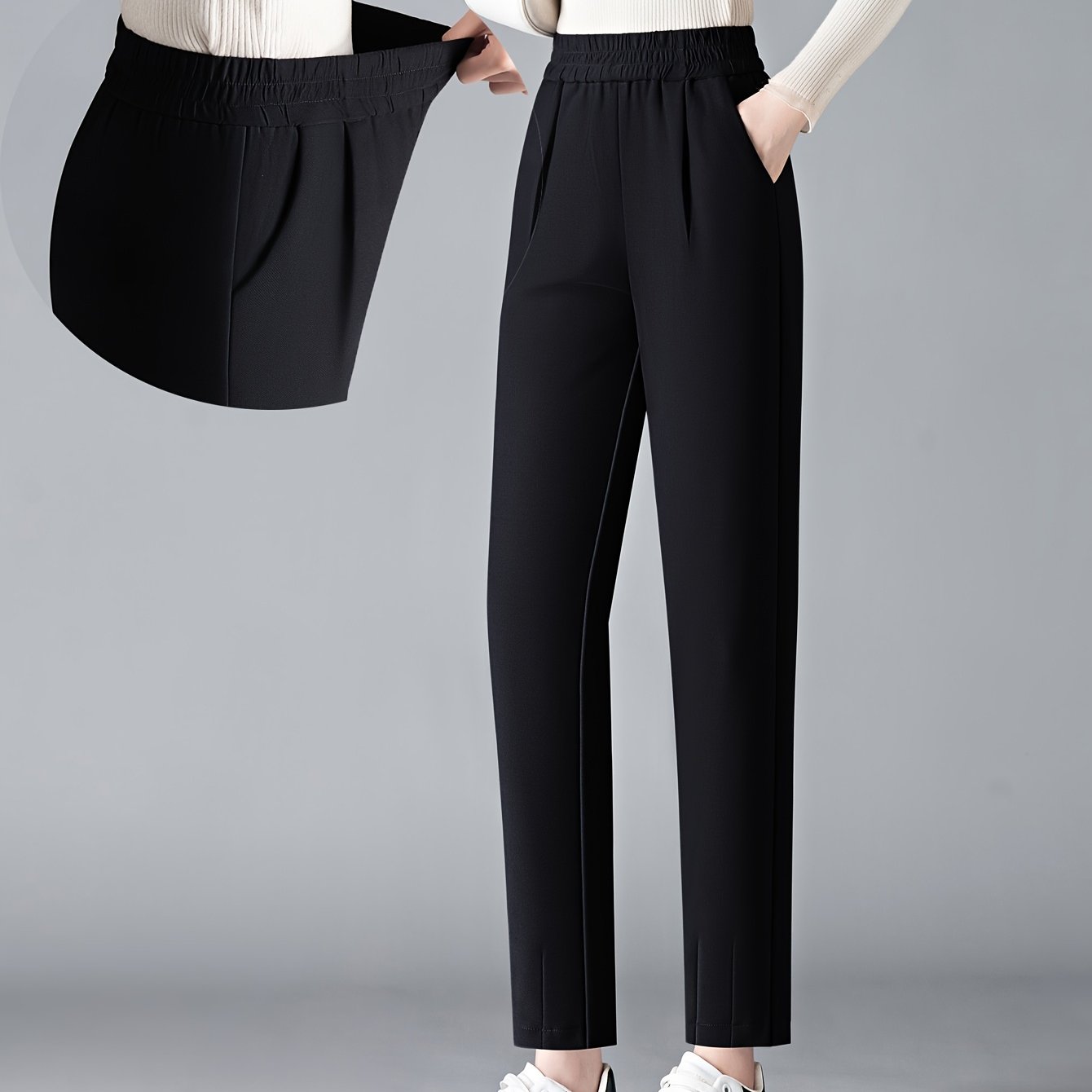 Women's Slimming High-Waist Harem Pants Black Elastic Waist All-Season