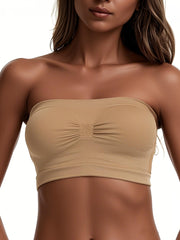 Women's Solid Color Strapless Crop Top Set with Breathable Non-Slip Bra