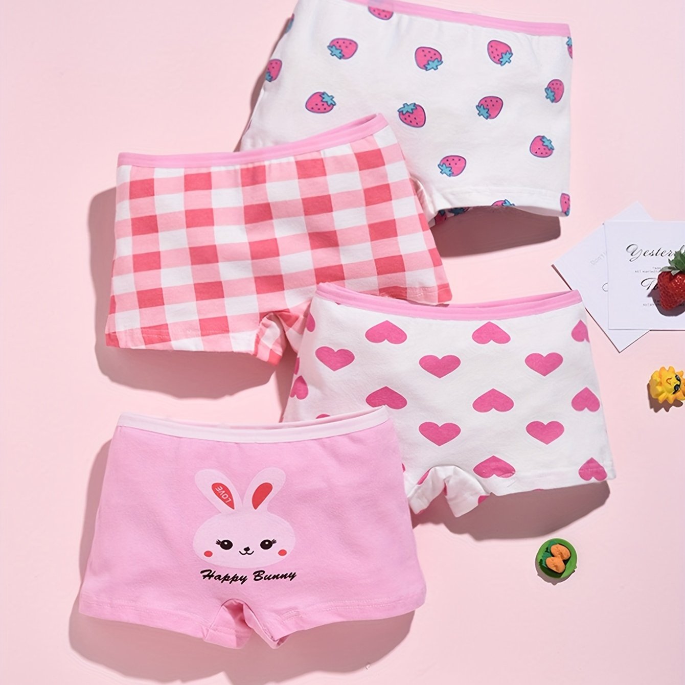 Girls Cotton Boxer Briefs 4 Pack with Heart and Plaid Prints for Children