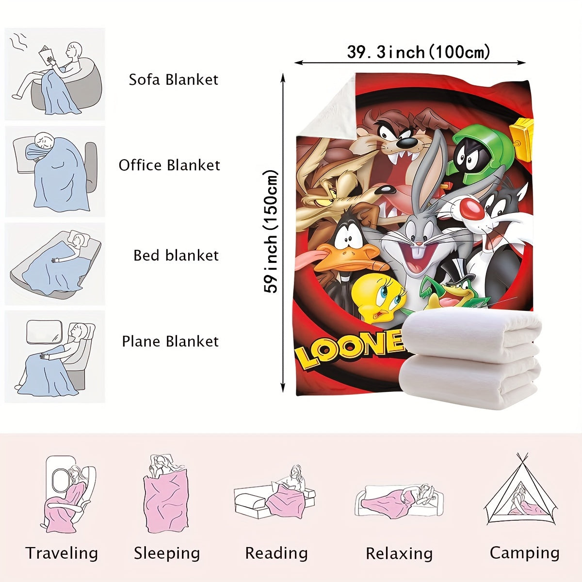 Looney Tunes Cartoon Characters Polyester Knitted Blanket Lightweight Throw for Bed Couch Travel