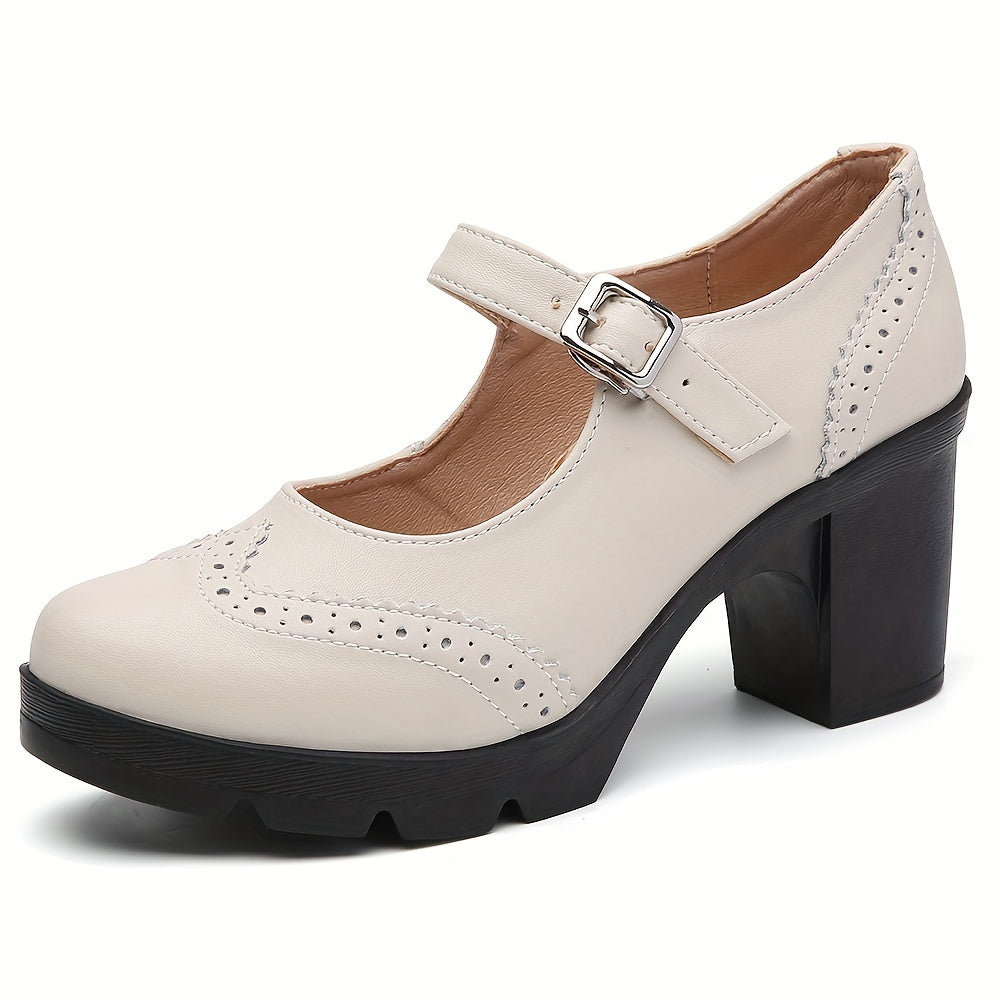 Women's Chunky Heel Brogue Pumps All-Match Classic Buckle Strap Office Shoes