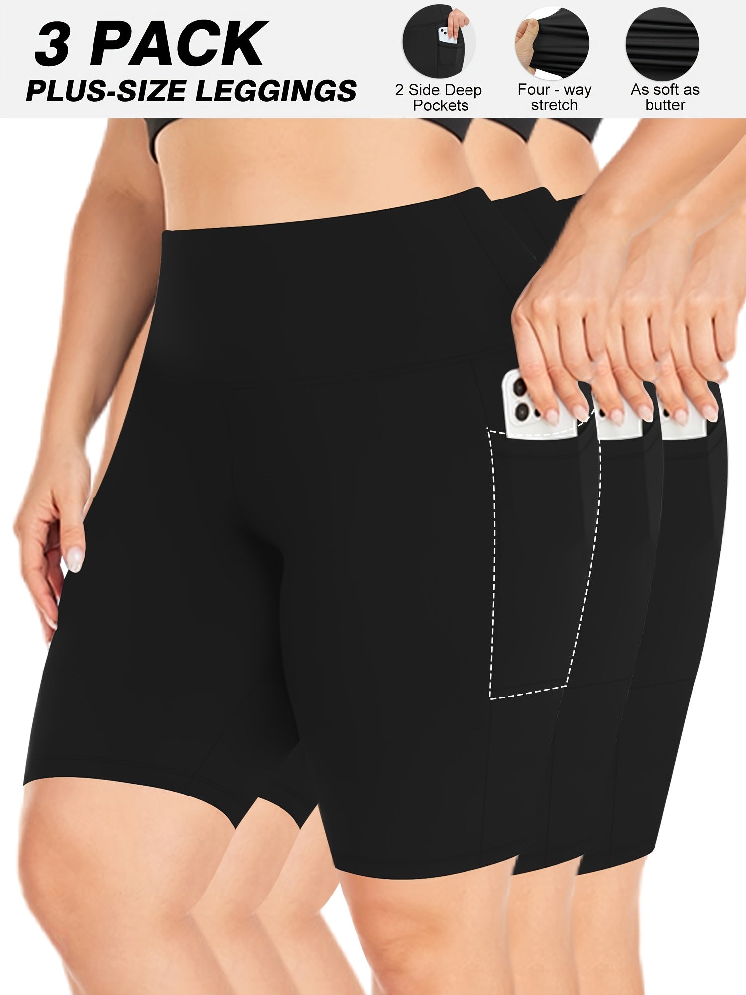 Plus Size High-Waist Stretch Shorts with Pockets Polyester Blend 3-Pack