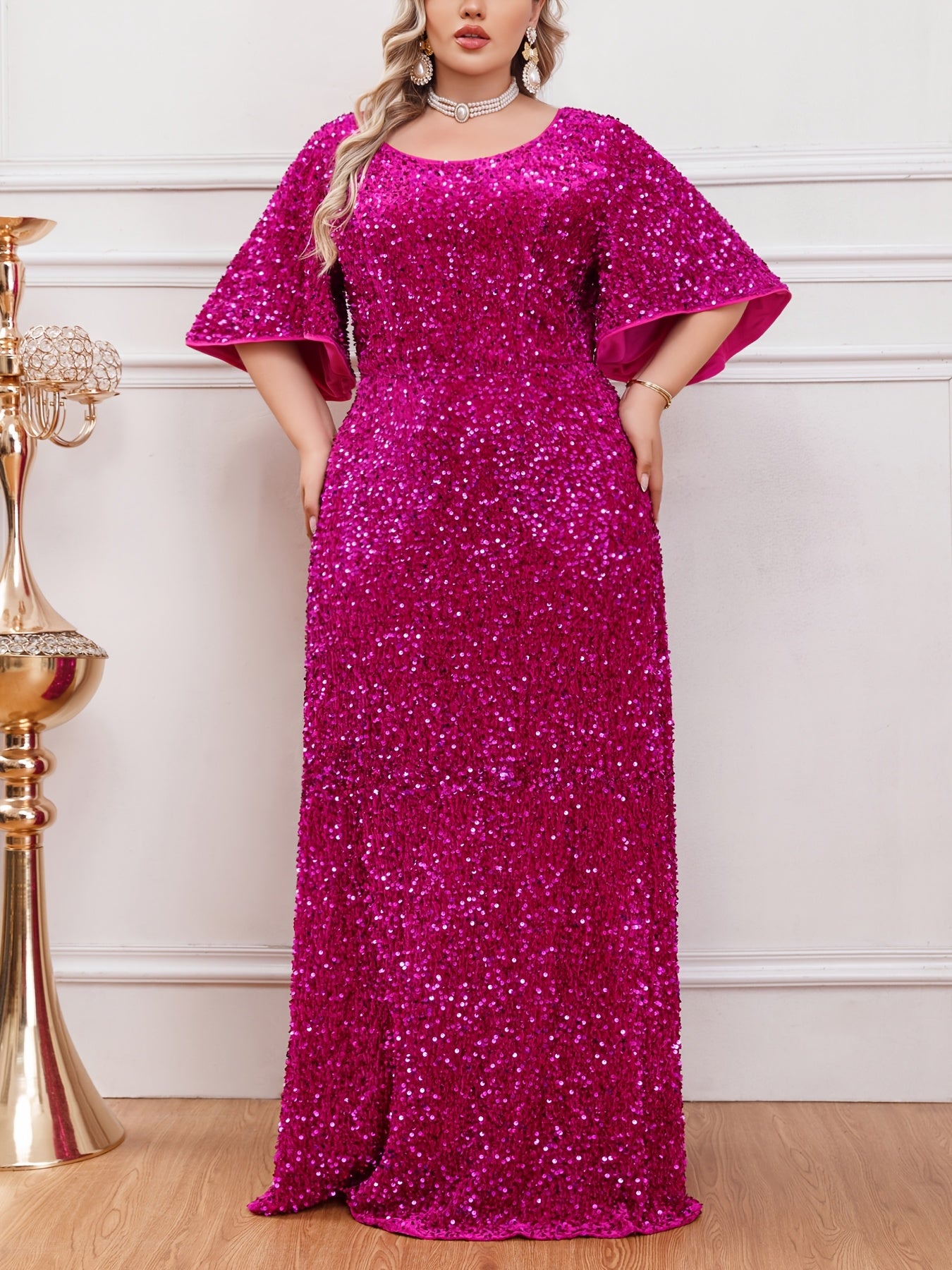 Plus Size Sequin Maxi Dress with Ruffle Sleeves for Weddings and Formal Events