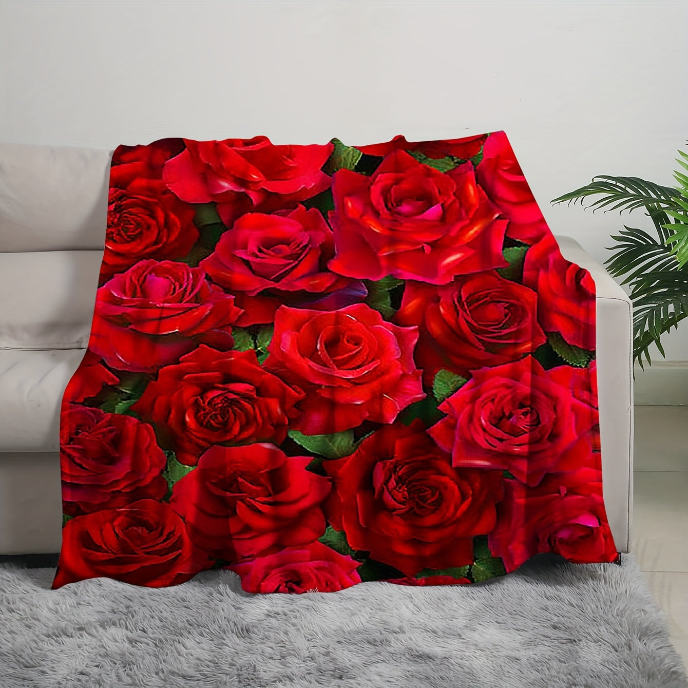 Red Rose Print Flannel Throw Blanket Cozy Warm Gift for Couch Bed or Travel