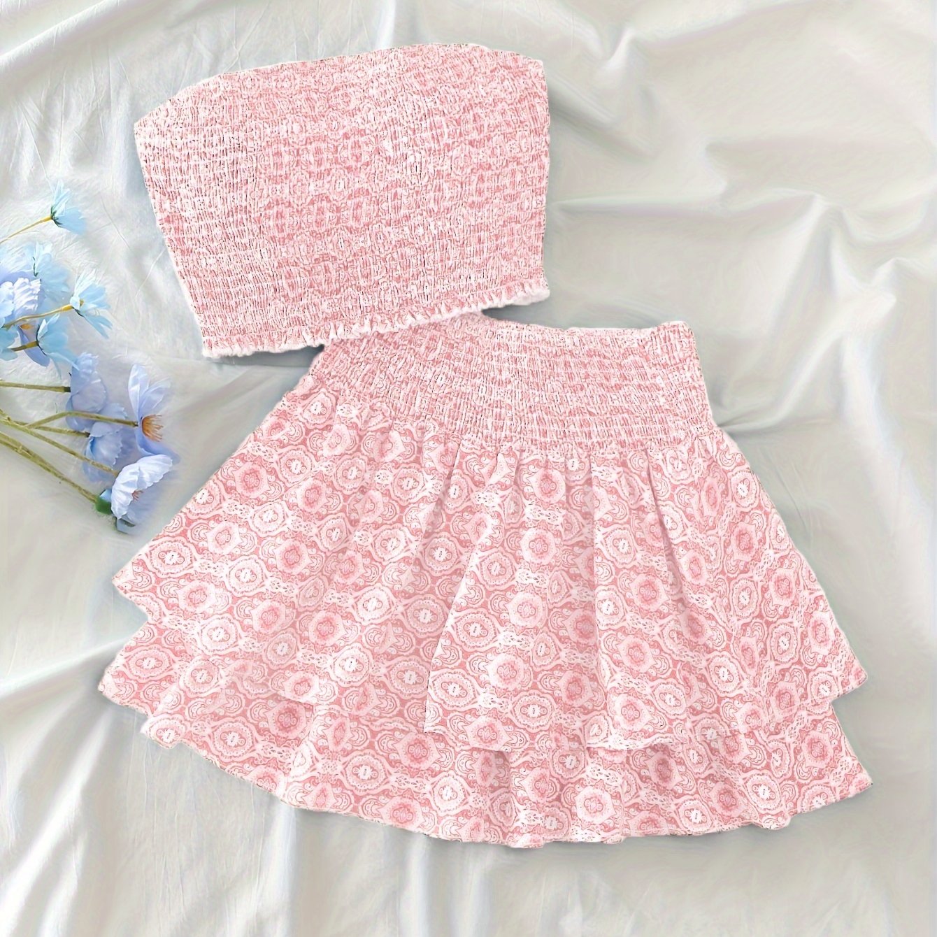 Women's Off-Shoulder Geometric Print Two-Piece Outfit Polyester Spandex Shirred